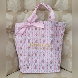 LOVESHACKFANCY X SUPERGA FLORAL BOW TOTE BAG PINK WHITE GOLD